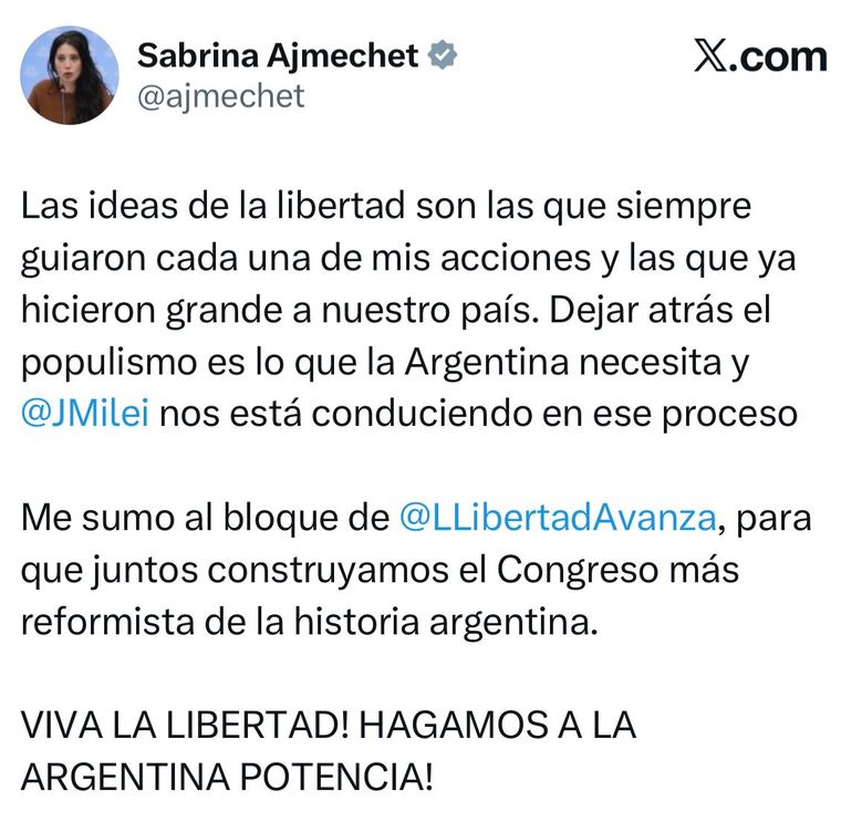 Sabrina Ajmechet confirmó en su cuenta de X el pase al bloque de La Libertad Avanza. Sabrina Ajmechet confirmó en su cuenta de X el pase al bloque de La Libertad Avanza.