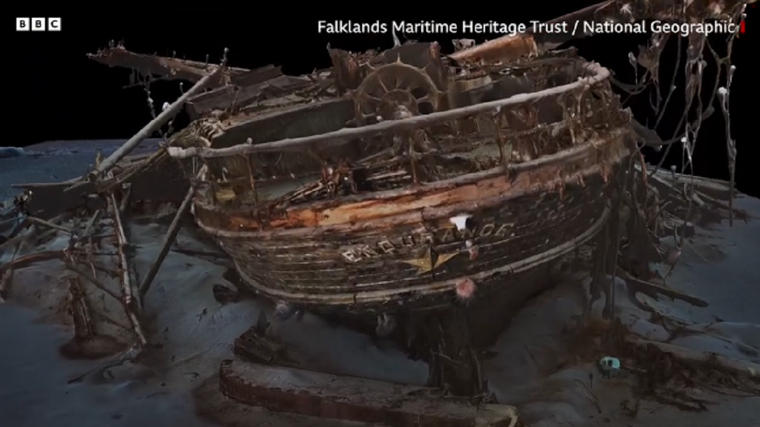 El nuevo escaneo en 3D levanta el velo de la oscuridad para revelar en extraordinario detalle el barco que se encuentra a 3 kilómetros de profundidad. Foto: captura de pantalla