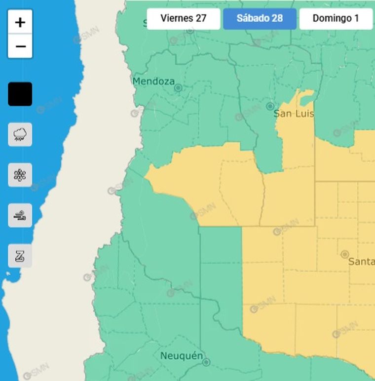 El SMN emitió un alerta por tormentas para este sábado en el sur de Mendoza. El SMN emitió un alerta por tormentas para este sábado en el sur de Mendoza.