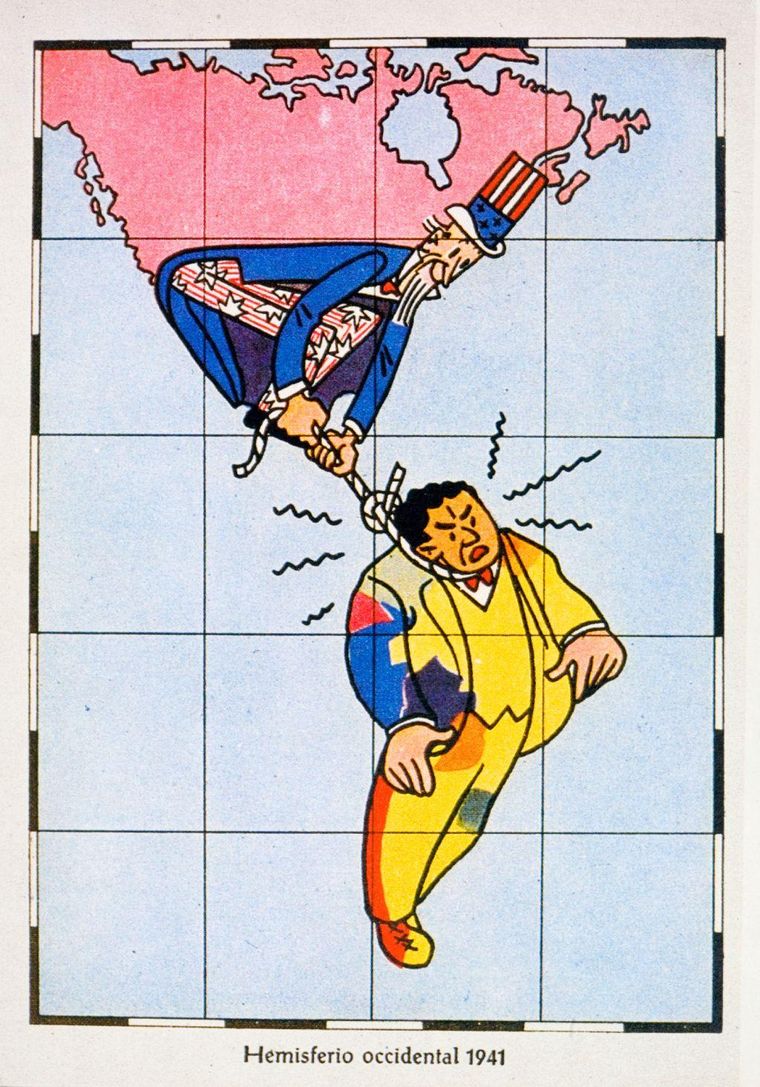 La Doctrina Monroe en acción. Tarjeta de 1941 que muestra al Tío Sam estrangulando a Sudamérica.