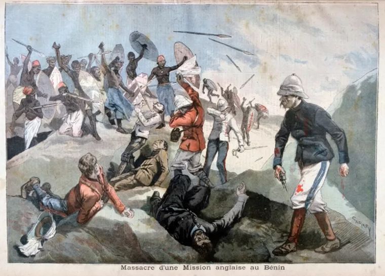 La masacre de una expedición británica en Benin, que provocó el envío de una fuerza mucho mayor en represalia. Ilustración de Le Petit Journal, 24 de enero de 1897. Foto: GETTY IMAGES