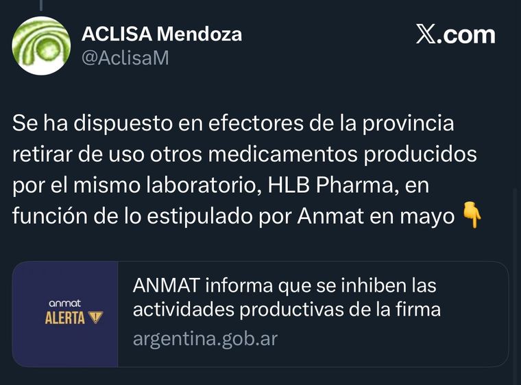 Parte del comunicado de Aclisa por el fentanilo contaminado. Parte del comunicado de Aclisa por el fentanilo contaminado.