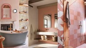El color de moda que reemplaza al blanco en los baños  es una variación de tonos tierra y rosa yeso. Foto: David Hunt Lighting, Dunn-Edwards, Bert & May