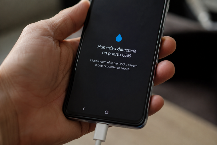 La alerta de humedad bloquea la carga para proteger el puerto USB y evitar daños eléctricos internos permanentes.