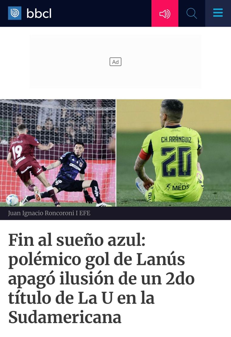 El título de Bio Bio tras la eliminación de U. de Chile ante Lanús. El título de Bio Bio tras la eliminación de U. de Chile ante Lanús.