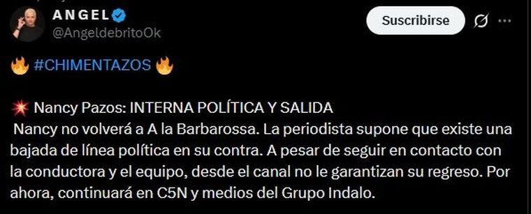 Ángel de Brito fue el encargado de confirmar el final de la periodista en el ciclo matutino. Ángel de Brito fue el encargado de confirmar el final de la periodista en el ciclo matutino.