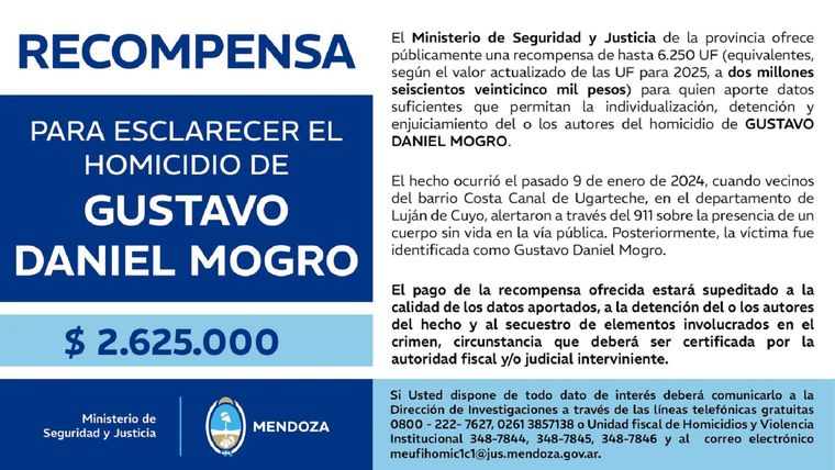 El comunicado del Ministerio de Seguridad de Mendoza para esclarecer el crimen de Gustavo Daniel Mogro El comunicado del Ministerio de Seguridad de Mendoza para esclarecer el crimen de Gustavo Daniel Mogro
