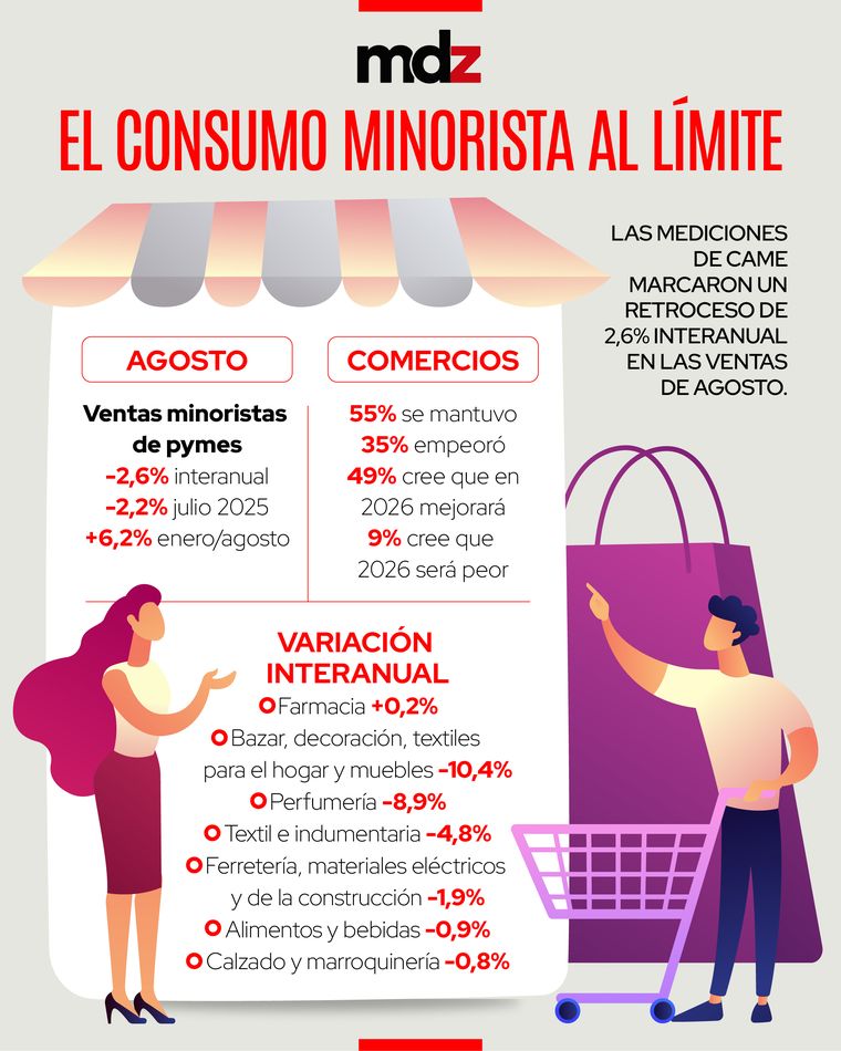 Las mediciones de CAME marcaron un retroceso de 2,6% interanual en las ventas de agosto. Las mediciones de CAME marcaron un retroceso de 2,6% interanual en las ventas de agosto.
