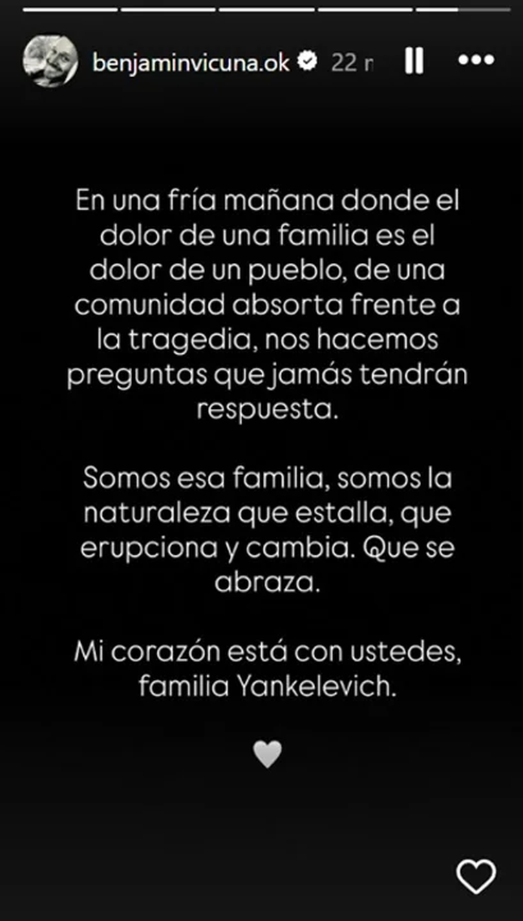 Benjamín Vicuña expresó su dolor ante el triste fallecimiento de la hija de Tomás Yankelevich y Sofía Reca. Benjamín Vicuña expresó su dolor ante el triste fallecimiento de la hija de Tomás Yankelevich y Sofía Reca.