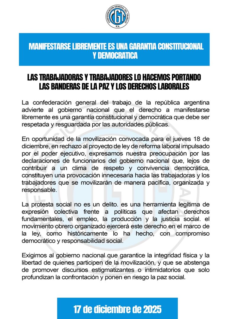 El comunicado de la CGT