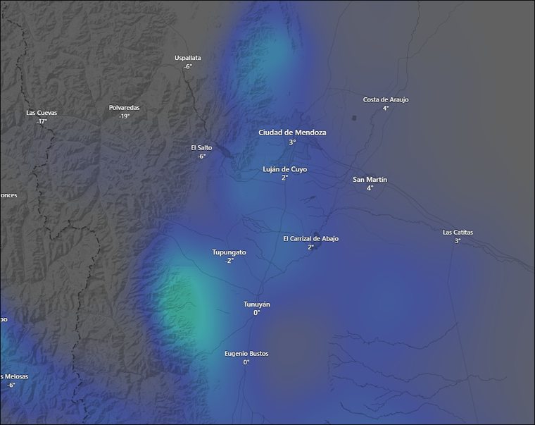Este mapa de Windy muestra las probabilidades de nieve nueva previstas para el domingo. Cuanto más celeste o claro se ve en la imagen, mayor es la posibilidad de acumulación. Si bien el fenómeno se concentrará en la cordillera, hay chances de nevadas en sectores del llano, incluyendo el Gran Mendoza