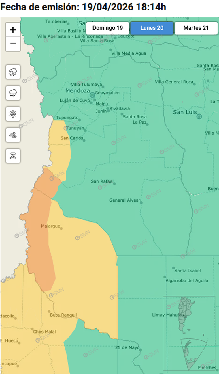 Así muestra a Mendoza el sistema de alertas tempranas del SMN. Así muestra a Mendoza el sistema de alertas tempranas del SMN.