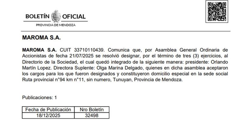 Hoy fue publicado el cambio en el directorio de Maroma, la empresa propietaria de Bodega La Vigilia. El presidente, López, es parte de las empresas sospechadas y que tienen vinculación con la quinta Las Rosas y los vehículos de lujo hallados. Todos son de Santiago del Estero. Hoy fue publicado el cambio en el directorio de Maroma, la empresa propietaria de Bodega La Vigilia. El presidente, López, es parte de las empresas sospechadas y que tienen vinculación con la quinta Las Rosas y los vehículos de lujo hallados. Todos son de Santiago del Estero.