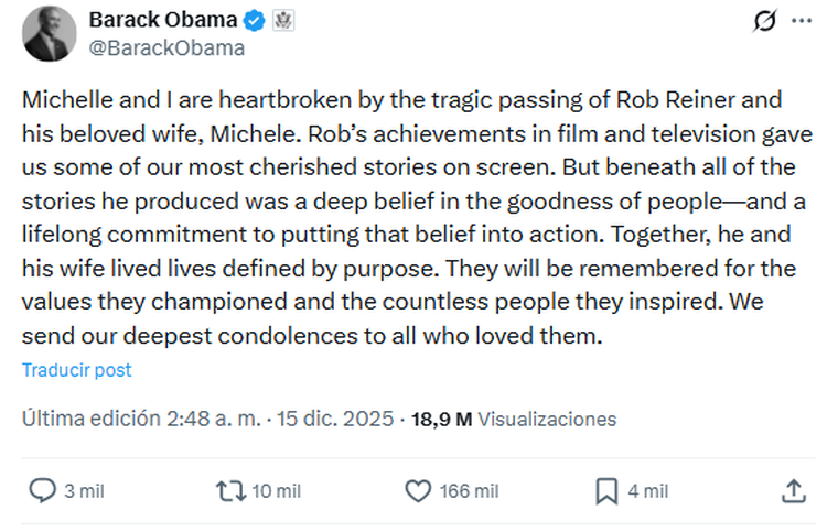 Barack Obama sobre la muerte de Rob Reiner. Barack Obama sobre la muerte de Rob Reiner. 