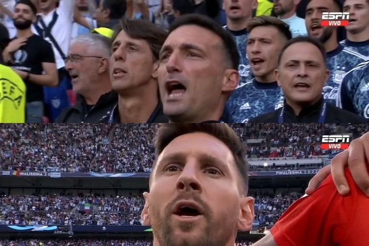 Messi y Scaloni cantaron efusivamente el Himno Nacional Argentino en la Finalissima de Wembley. Foto: ESPN