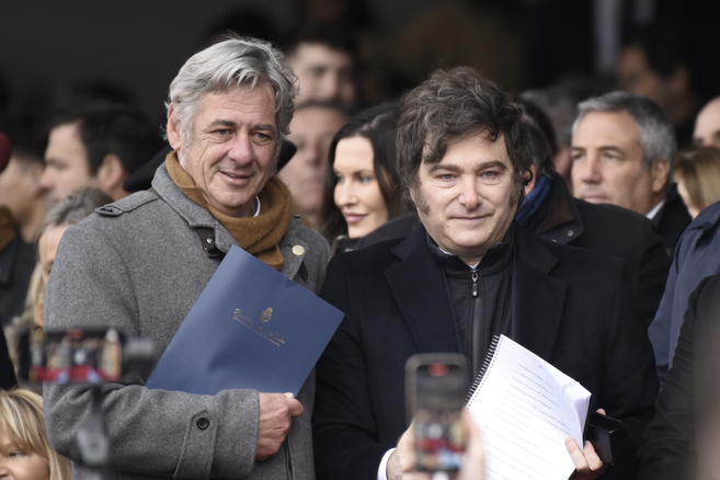 El presidente de la Sociedad Rural, Nicolás Pino, y el presidente Javier Milei. El presidente de la Sociedad Rural, Nicolás Pino, y el presidente Javier Milei.