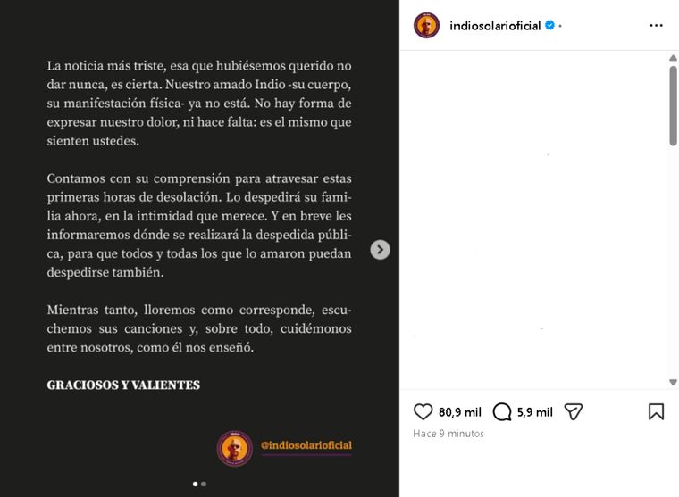 El comunicado que compartió la cuenta oficial de Instagram del artista. El comunicado que compartió la cuenta oficial de Instagram del artista.