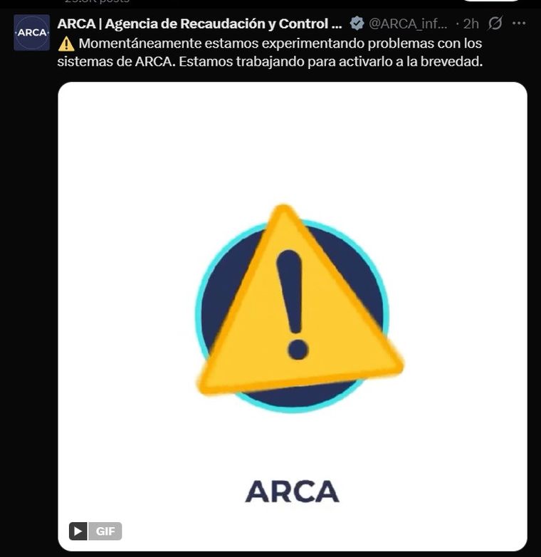 El breve comunicado de ARCA en redes sociales. Foto: X El breve comunicado de ARCA en redes sociales. Foto: X