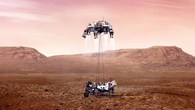 Ilustración del aterrizaje del róver Perseverance en Marte. Foto: MBRSC / AP