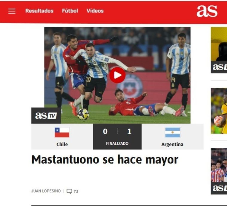 El título de Diario AS para Franco Mastantuono. Foto: captura.