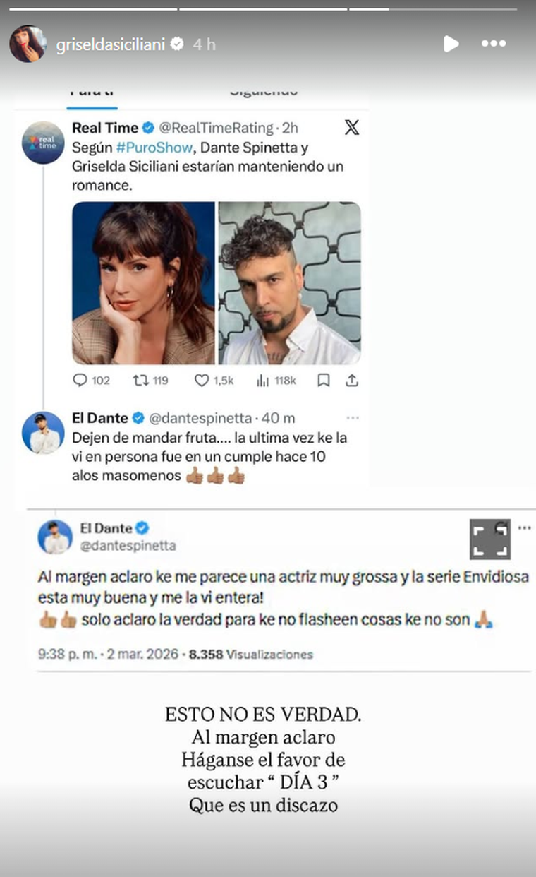 Griselda Siciliani también desmintió el rumor de romance con Dante Spinetta. Griselda Siciliani también desmintió el rumor de romance con Dante Spinetta. 