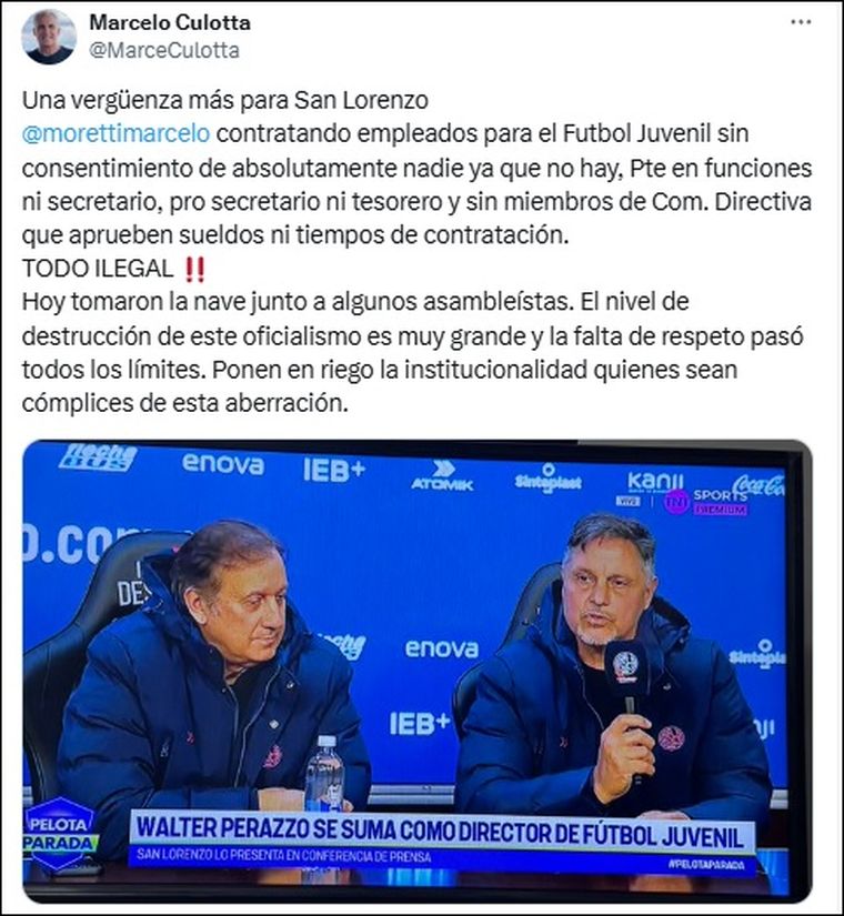 El fuerte posteo de Marcelo Culotta, excandidato a presidente en las últimas elecciones de San Lorenzo. El fuerte posteo de Marcelo Culotta, excandidato a presidente en las últimas elecciones de San Lorenzo.