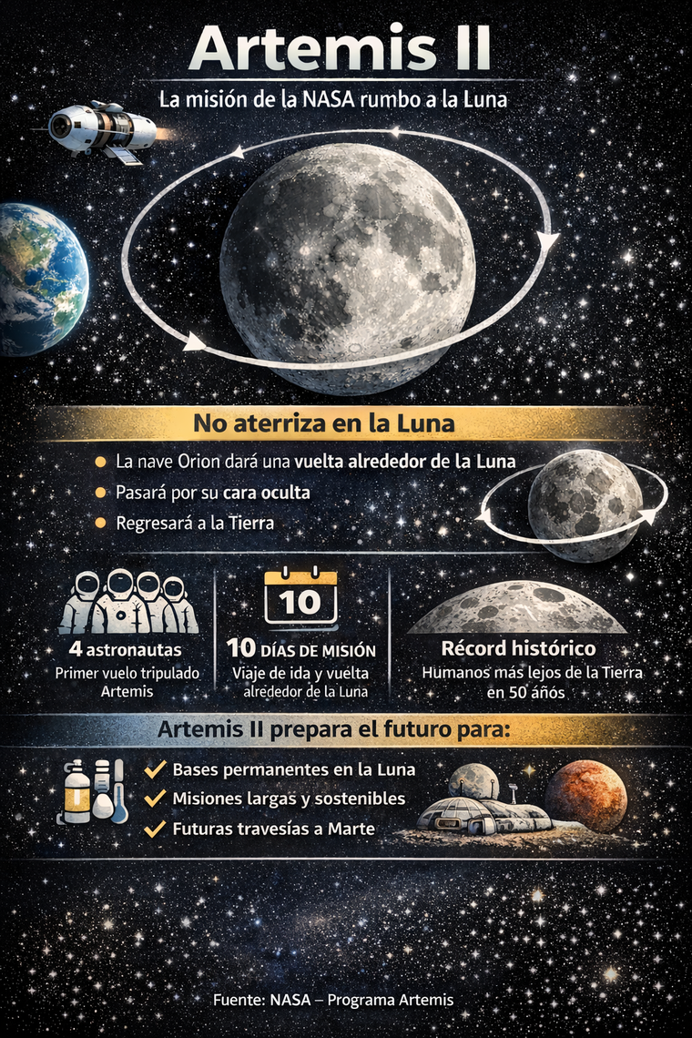 Los datos esenciales de Artemis II, la misión de la NASA que marcará el regreso humano al entorno lunar. Los datos esenciales de Artemis II, la misión de la NASA que marcará el regreso humano al entorno lunar.