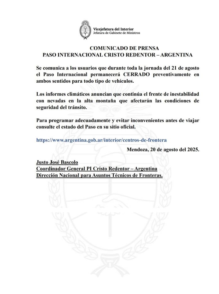El comunicado mediante el cual se anunció el cierre del Paso Cristo Redentor. El comunicado mediante el cual se anunció el cierre del Paso Cristo Redentor.