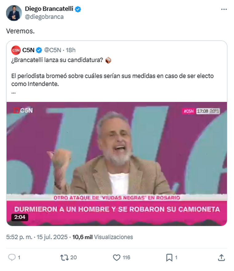 ¿Diego Brancatelli intendente? Foto: captura de pantalla Twitter/ @diegobranca. ¿Diego Brancatelli intendente? Foto: captura de pantalla Twitter/ @diegobranca. 