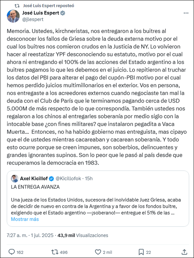 José Luis Espert apuntó contra el kirchnerismo y responsabilizó a Axel Kicillof por el fallo de la justicia estadounidense que complica a YPF. José Luis Espert apuntó contra el kirchnerismo y responsabilizó a Axel Kicillof por el fallo de la justicia estadounidense que complica a YPF.