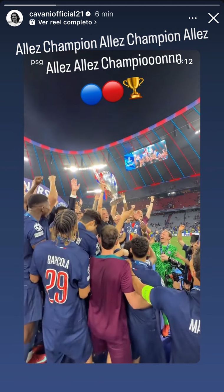 Edinson Cavani festejó desde lejos el primer título de Champions del PSG Edinson Cavani festejó desde lejos el primer título de Champions del PSG