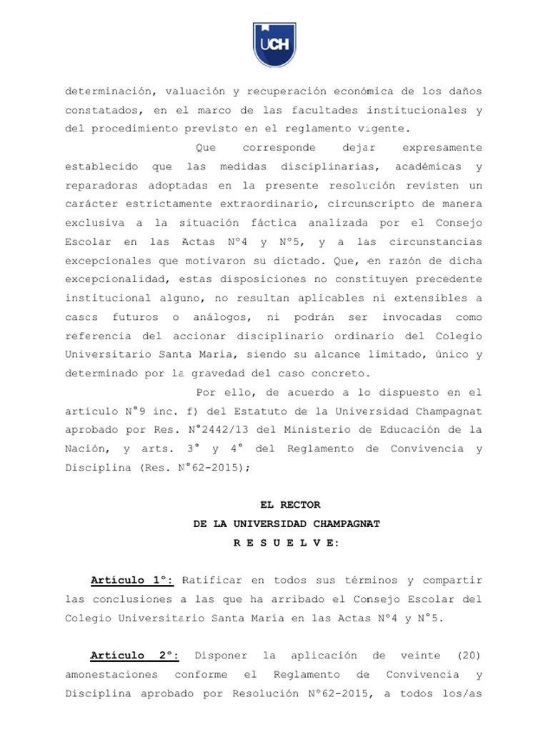 Parte de la resolución de la Universidad Champagnat. Parte de la resolución de la Universidad Champagnat.