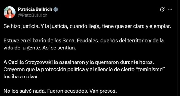 El posteo de Patricia Bullrich El posteo de Patricia Bullrich