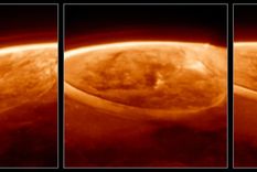Tres paneles, cada uno con una imagen cercana al infrarrojo cercano del polo norte de Júpiter, en tonos naranjas. Foto: ESA/Webb, NASA, CSA, J. Nichols (Universidad de Leicester), M. Zamani (ESA/Webb) Tres paneles, cada uno con una imagen cercana al infrarrojo cercano del polo norte de Júpiter, en tonos naranjas. Foto: ESA/Webb, NASA, CSA, J. Nichols (Universidad de Leicester), M. Zamani (ESA/Webb)