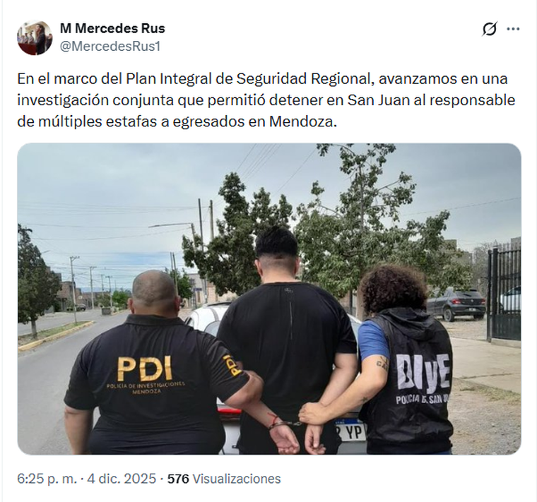 El posteo de Mercedes Rus tras la detención de Morales en San Juan. El posteo de Mercedes Rus tras la detención de Morales en San Juan. 