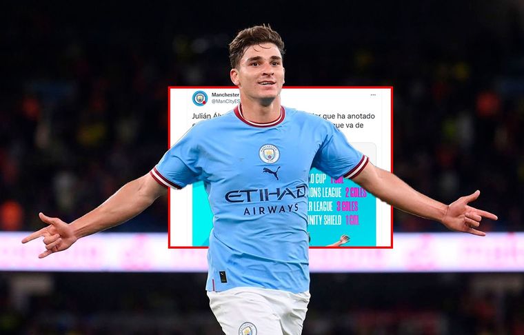 Julián Álvarez es el único futbolista del Manchester City que metió al menos un gol en todos los certámenes que el equipo disputó hasta ahora.