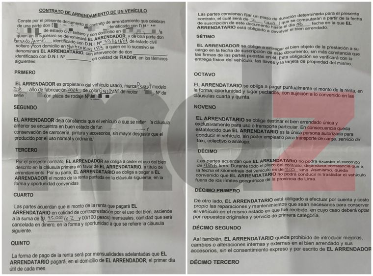 El contrato de arrendamiento del Peugeot 208 de uno de los denunciantes. El contrato de arrendamiento del Peugeot 208 de uno de los denunciantes.