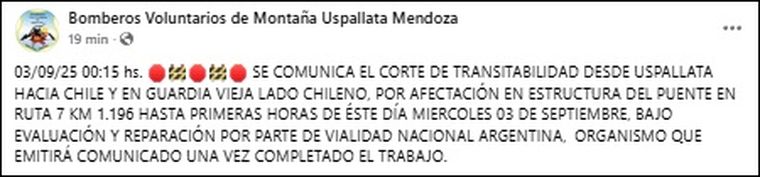 El comunicado tras el accidente en Ruta 7. El comunicado tras el accidente en Ruta 7.