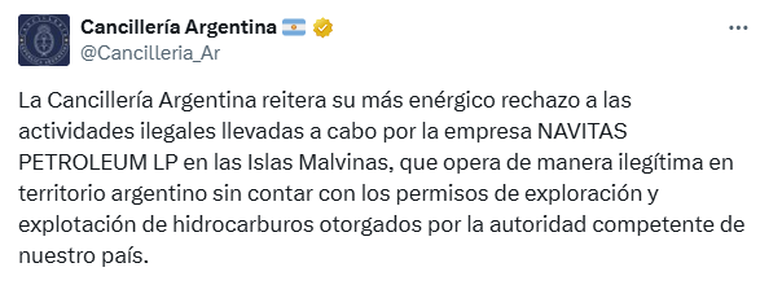 El comunicado oficial de la Cancillería Argentina a través de X. El comunicado oficial de la Cancillería Argentina a través de X.