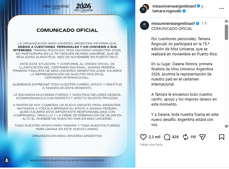 La organización notificó la decisión de la modelo de 28 años. La organización notificó la decisión de la modelo de 28 años.