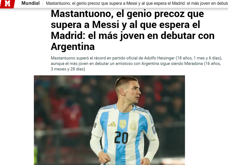 El título de Marca por el debut de Mastantuono en Argentina.
