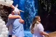 La cascada teñida y el festejo de los padres. Foto: Captura de pantalla