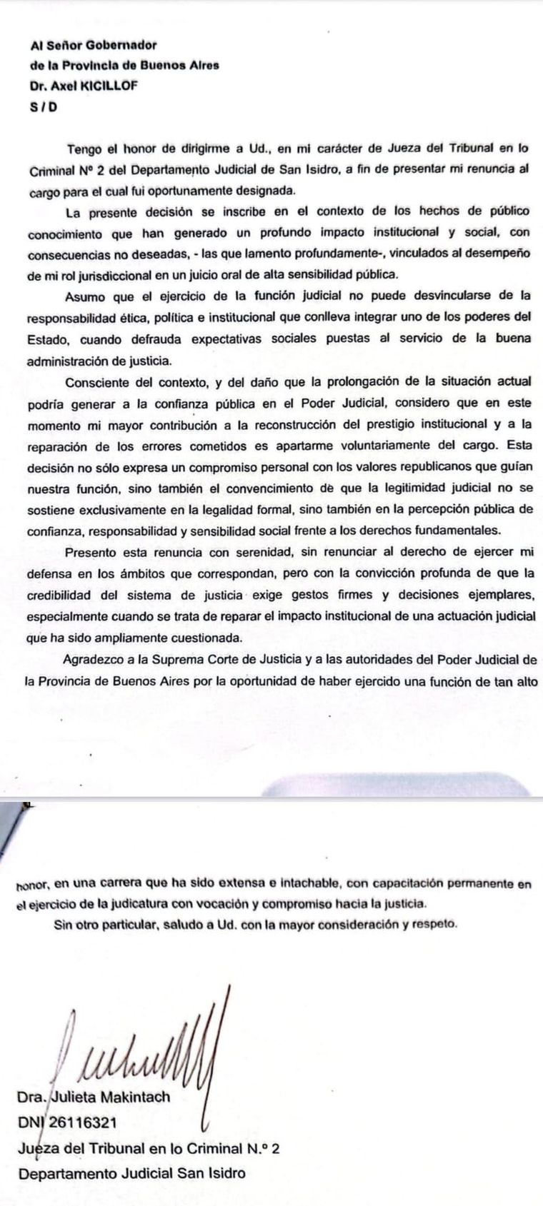 La carta de la renuncia de Julieta Makintach La carta de la renuncia de Julieta Makintach