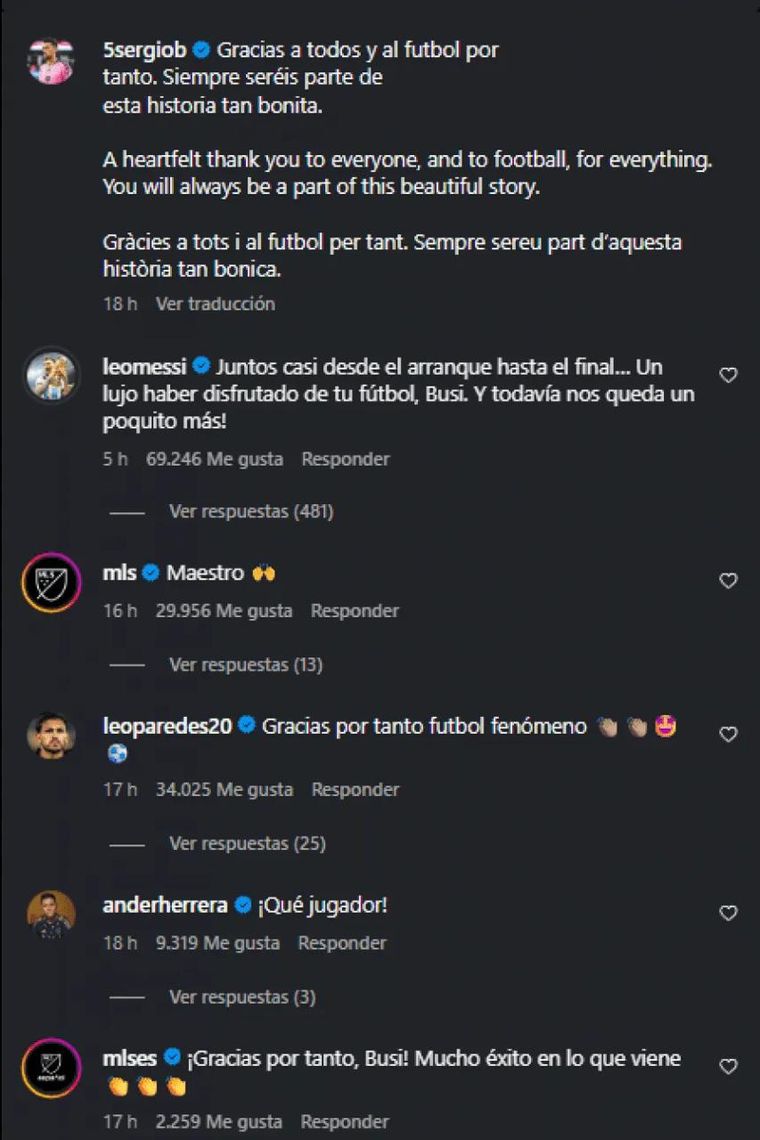 El mensaje de Lionel Messi a Busquets en los comentarios de la publicación donde el español anunció su retiro. El mensaje de Lionel Messi a Busquets en los comentarios de la publicación donde el español anunció su retiro.