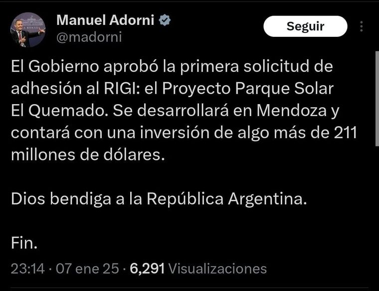 Manuel Adorni, en ese entonces vocero presidencial, confirmó por X el primer RIGI. Manuel Adorni, en ese entonces vocero presidencial, confirmó por X el primer RIGI.