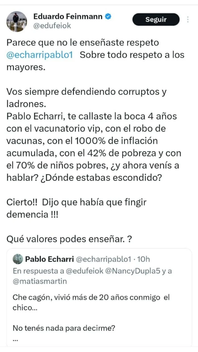 Eduardo Feinmann cruzó a Pablo Echarri en redes. Eduardo Feinmann cruzó a Pablo Echarri en redes.