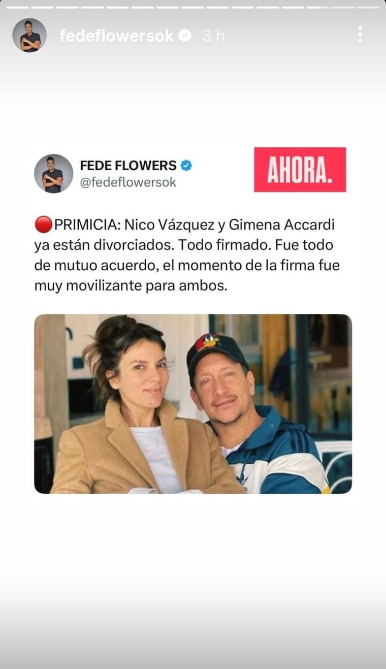 Así compartió el conocido periodista de espectáculos que Nicolás Vázquez y Gimena Accardi firmaron su divorcio. Así compartió el conocido periodista de espectáculos que Nicolás Vázquez y Gimena Accardi firmaron su divorcio.