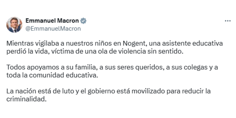 La publicación del presidente de Francia, Emmanuel Macron tras el hecho en la Escuela Françoise Dolto en Nogent. La publicación del presidente de Francia, Emmanuel Macron tras el hecho en la Escuela Françoise Dolto en Nogent.