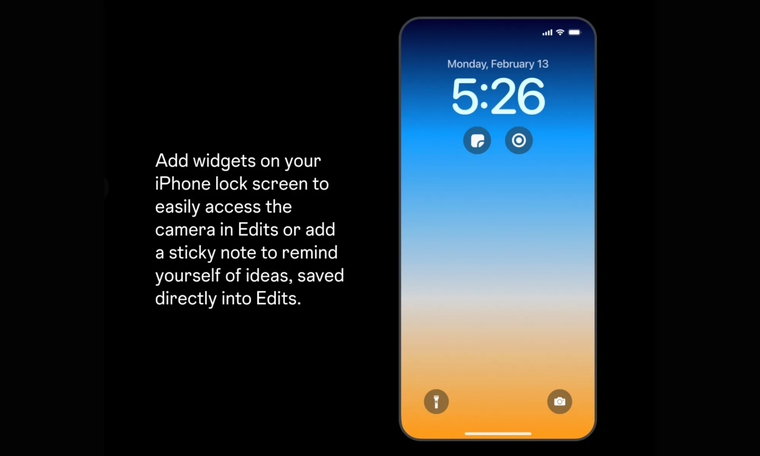 Agrega widgets en la pantalla de bloqueo de tu iPhone para acceder fácilmente a la cámara en Edits. Agrega widgets en la pantalla de bloqueo de tu iPhone para acceder fácilmente a la cámara en Edits.