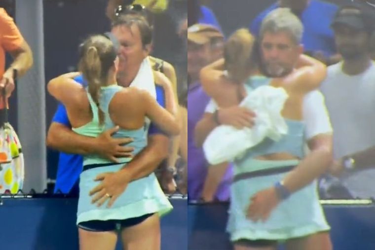 Los instantes del polémico festejo: un padre le dio un beso en la boca a su hija tenista en el US Open y el entrenador le tocó el trasero.